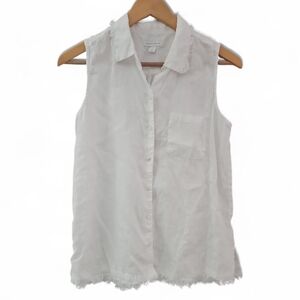 Charter Club 100% Linen Raw Hem Button Up Sz M Petite White Resort Top Vacation